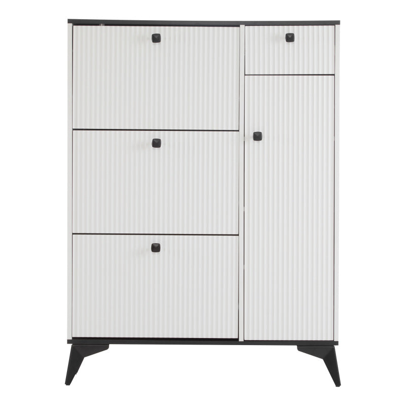Schuhschrank mit 3 Klappen, 1 Schublade und 1 Tür, Schuhregal, Schuhkipper schmal, Schuhschrank weiß