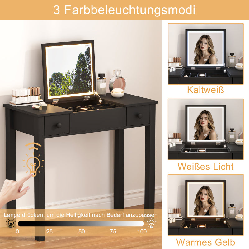 Schicker schwarzer Schminktisch mit LED-Beleuchtung, hochklappbarem Spiegel und 2 Schubladen für Damenschmuck, lackiert