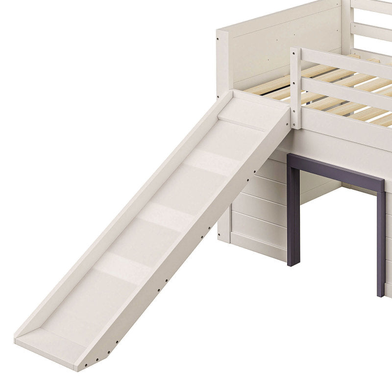 90 x 200 niedriges Hochbett mit Rutsche, drei Schubladen und zwei Türen, Creme