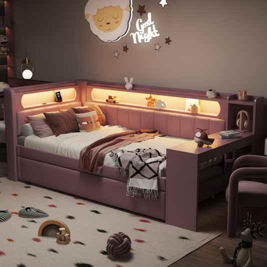 Gepolstertes 90x200 Tagesbett mit USB-Anschlüssen und LED-Gürtel, mit Ausziehbett und Schreibtisch, Rosa