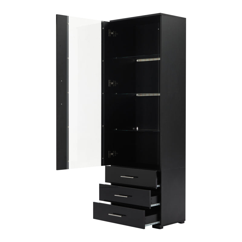 Schwarz Hochglanz Vitrine, Vitrine Glasvitrine , Standvitrine mit LED-Beleuchtung, Vertikale Vitrine mit 3 Schubladen, 60*35*180cm