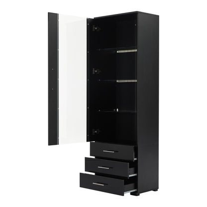Schwarz Hochglanz Vitrine, Vitrine Glasvitrine , Standvitrine mit LED-Beleuchtung, Vertikale Vitrine mit 3 Schubladen, 60*35*180cm