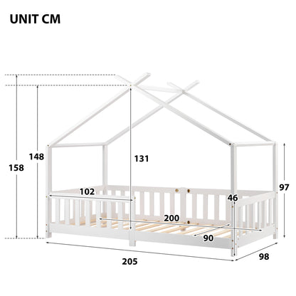 Hausbett 90x200 Weiß, Kinderbett mit Rausfallschutz & Lattenrost, Abenteuerbett Kiefer Massivholz
