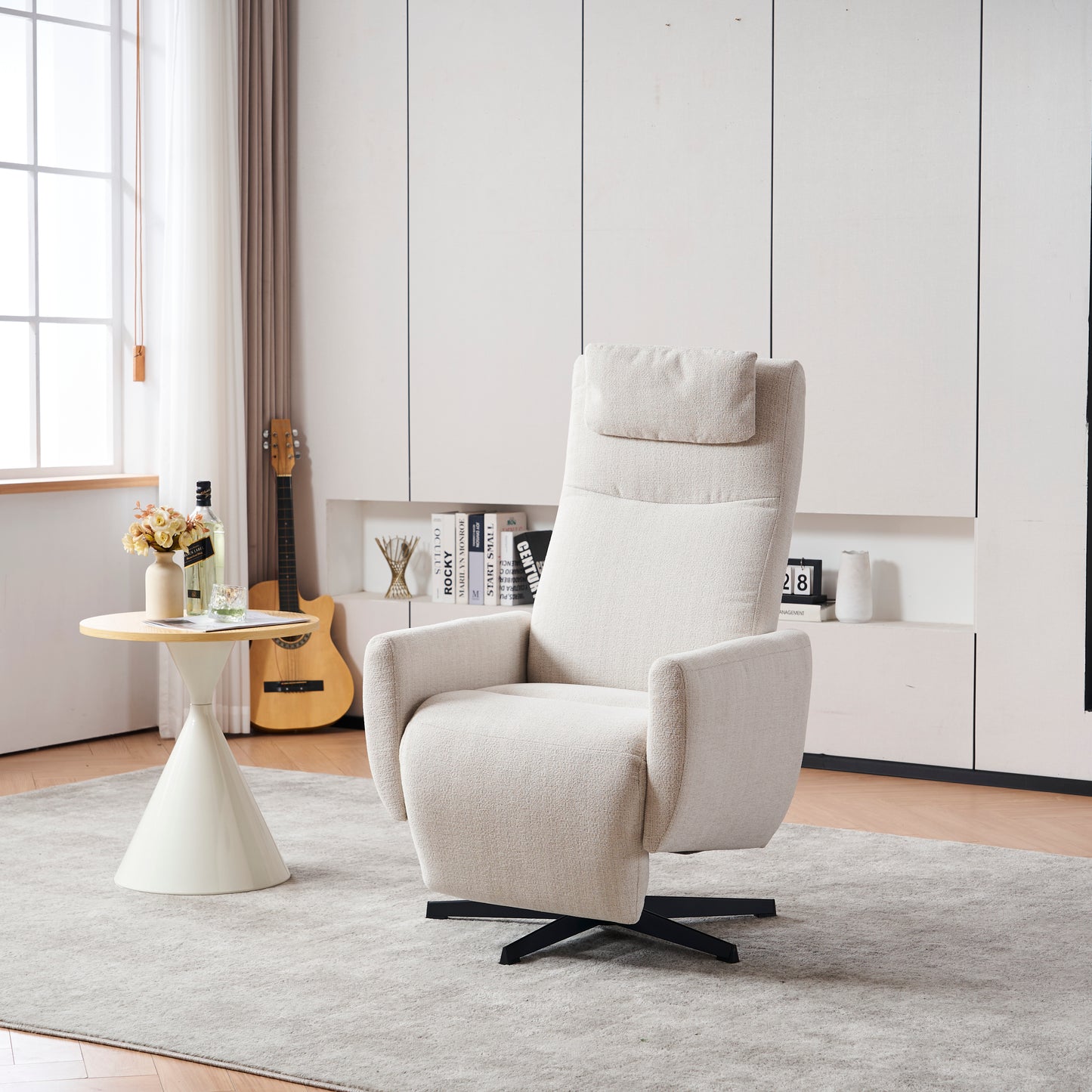 Bequemer Relaxsessel mit Liegefunktion – Chenille Fernsehsessel mit Fußstütze, drehbarer Stillsessel & Loungesessel für Wohnzimmer, modernes Sofa, Beige