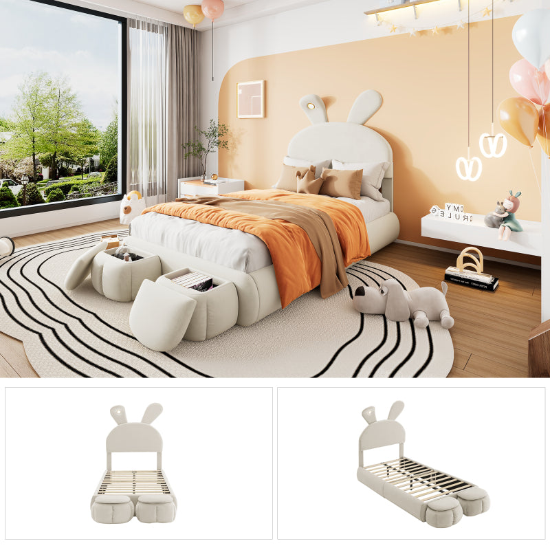 Polsterbett, Einzelbett, Hasenohren mit einstellbarer Helligkeit warmfarbenen Lichtstreifen, mit zwei Aufbewahrungshockern, Kinderbett mit Holzlatten, Samt, Beige, 90x200cm