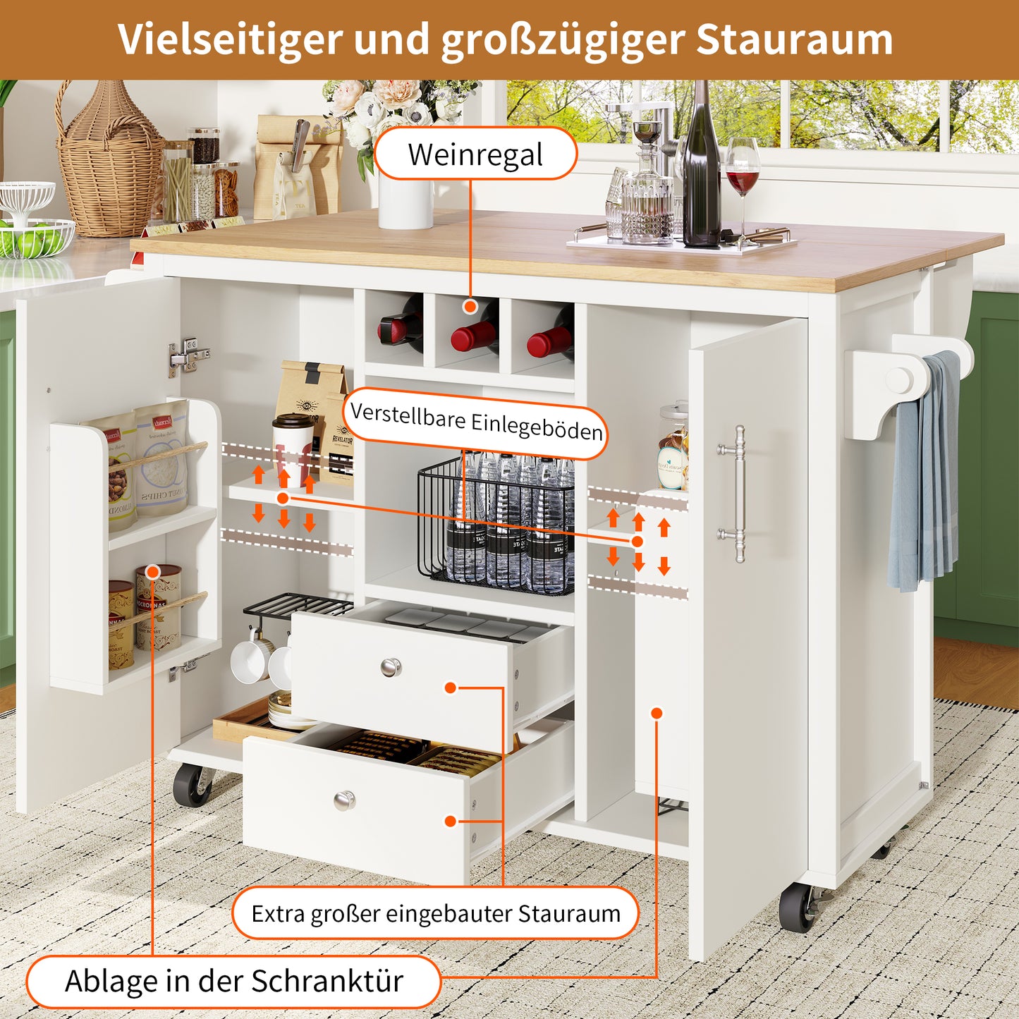 Kücheninsel Buffetschrank 120x73x92cm Küchenwagen mit klappbarer Arbeitsplatte Gewürzregal Weinregal und verstellbaren Ablagen Weiß