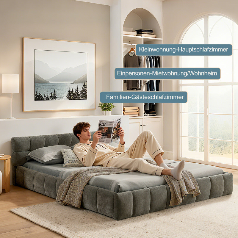 Doppelbett 140*200 cm, Bett mit seidig weichem Chenille - Bezug, quadratischem Steppdesign, Dark Gray (ohne Matratze)