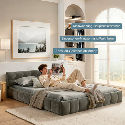 Doppelbett 140*200 cm, Bett mit seidig weichem Chenille - Bezug, quadratischem Steppdesign, Dark Gray (ohne Matratze)