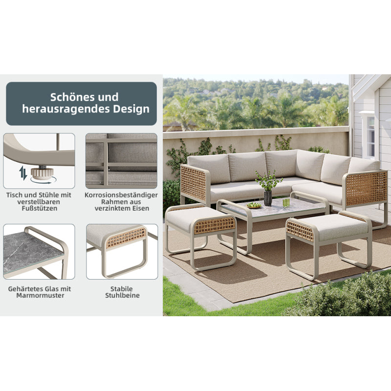 Garten-Lounge-Set, Rattan-Möbel-Set für 6-7 Personen, Ecksofa mit verzinktem Eisengestell, verstellbare Beine, inklusive aller Sitz- und Rückenkissen, beige