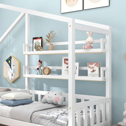 Kinderbett Hausbett mit Schubladen und Regalen, Massivholz mit Zaun und Lattenrost, L-Struktur, Weiß (90x200 cm+140x70cm)
