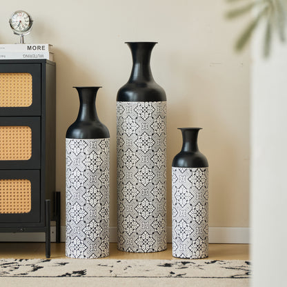 3er Set Bodenvase Metall, Schwarz-Weiß, Retro Stil, 83/65/50 cm hoch