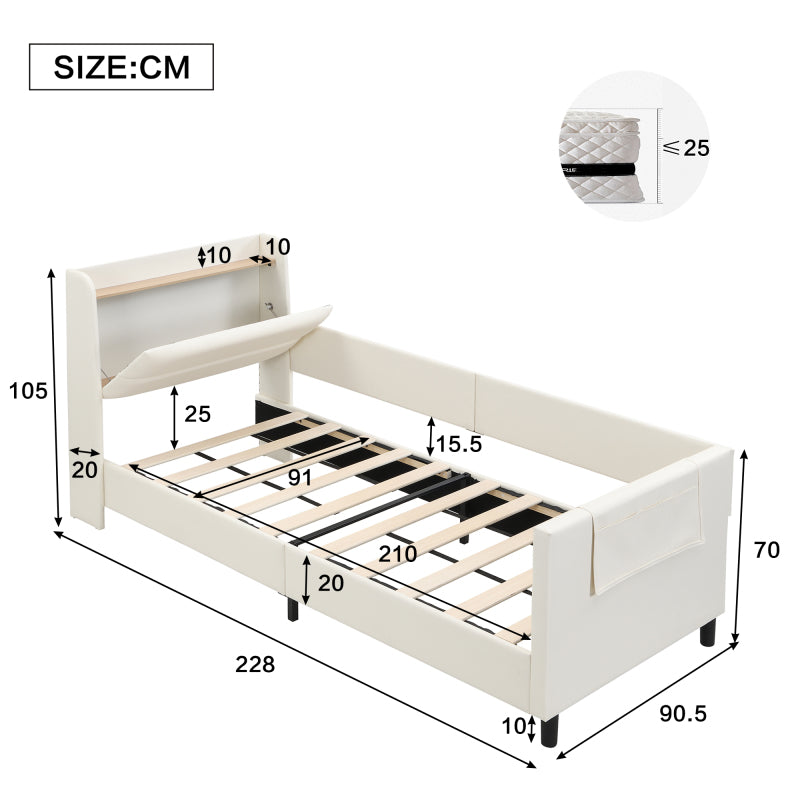 Kinder-Spleißbett, Polsterbett, Tagesbett, Schlafsofa mit Metallbettgestell, Kindernachttisch mit unterer Klapptür, 3 kleine Aufbewahrungstaschen, PU+MDF+Sperrholz, Weiß, 90x200cm