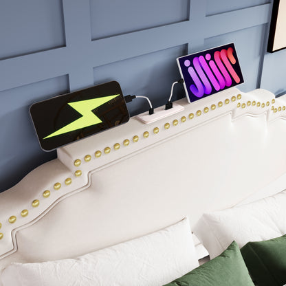 Polsterbett 160x200, Doppelbett mit hydraulischem Stauraum, LED-Beleuchtung und USB-C-Ladeanschluss, Stauraumbett und Jugendbett mit Lattenrost, Samt, Beige, ohne Matratze