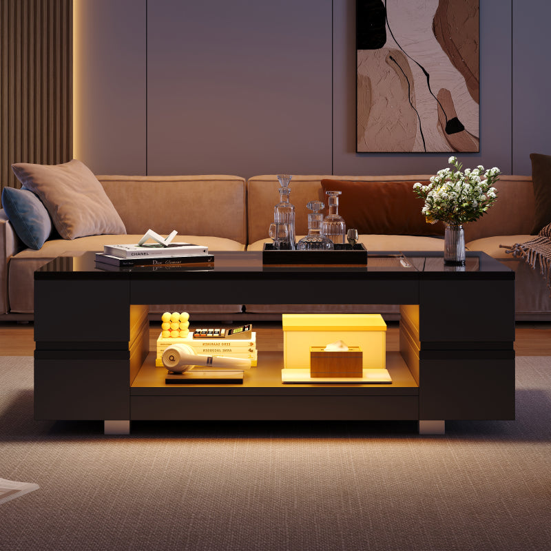 Schwarzer LED-Couchtisch mit Bluetooth-App-Steuerung, doppelschichtiger Hochglanz-Hohldesigntisch, geeignet für Partys, Büros, Wohnzimmer