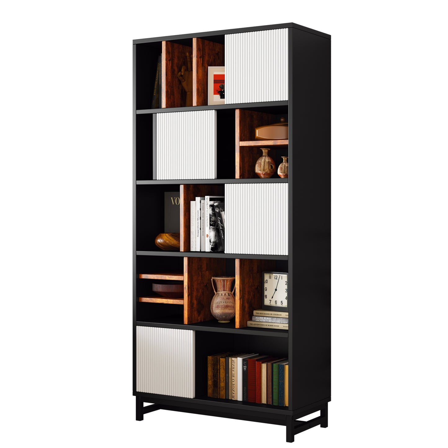 Bücherregal mit 5 Fachböden, Höhe 165 cm, Breite 80 cm, mit Fachböden, Farben schwarz, weiß und braun