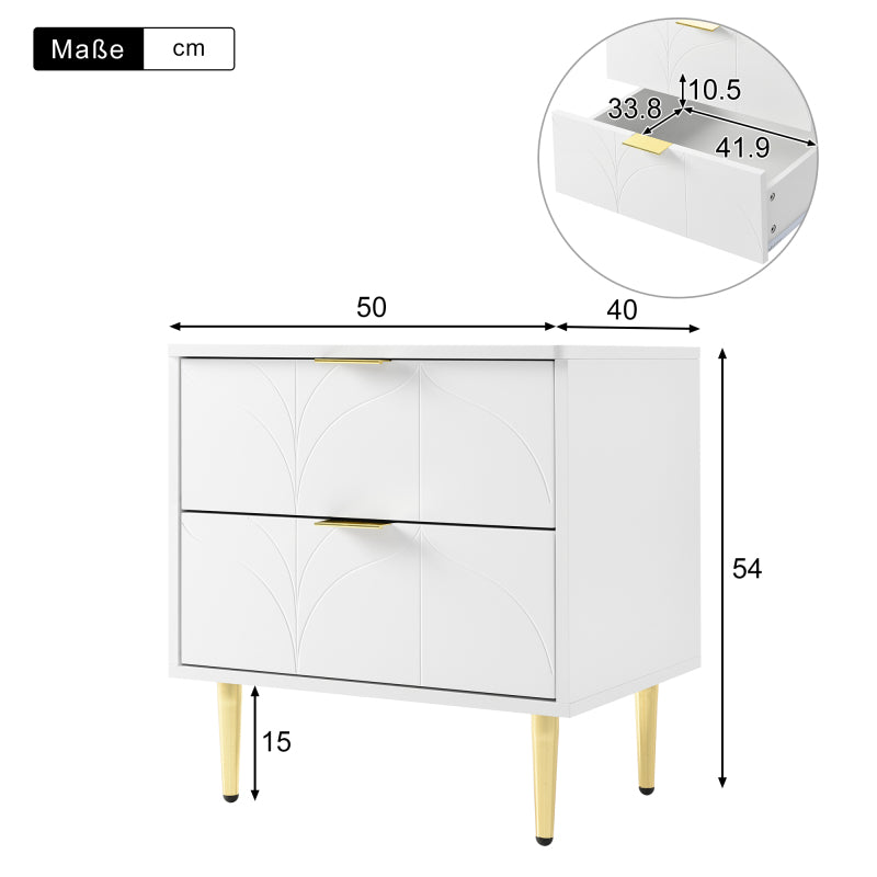 Moderner Nachttisch mit vergoldeten Füßen und Knöpfen, florales Muster, 2er-Set mit 2 Schubladen, lackiert, Ecken mit Anti-Bump-Design, 50B*40T*54H cm, weiß