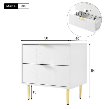 Moderner Nachttisch mit vergoldeten Füßen und Knöpfen, florales Muster, 2er-Set mit 2 Schubladen, lackiert, Ecken mit Anti-Bump-Design, 50B*40T*54H cm, weiß
