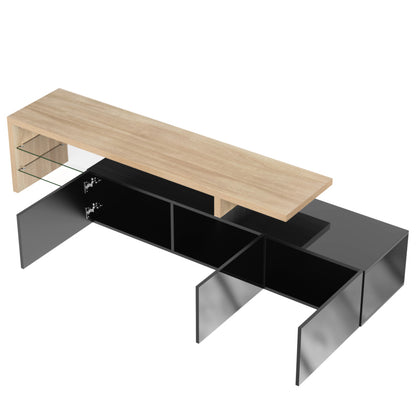 Modernes TV-Schrank-Design: Stilvolle Eleganz, praktischer Stauraum, Hochglänzendes Schwarz, Holzoptik, Glasböden, LED-Beleuchtung