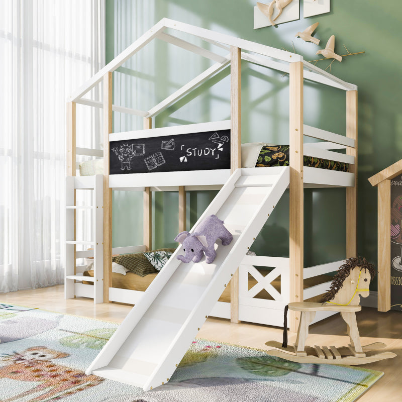 Kinderbett Baumhaus mit Rutsche & Leiter 90 x 200 cm, Hochbett für Kinder– 2x Lattenrost- Natur & Weiß