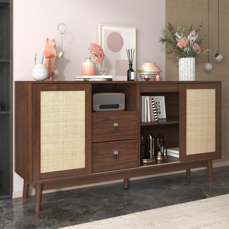 Sideboard mit 3 Schiebetüren aus echtem Rattan und 2 Schubladen, 155x38x80 cm, atmungsaktiv, stabil und vielseitig
