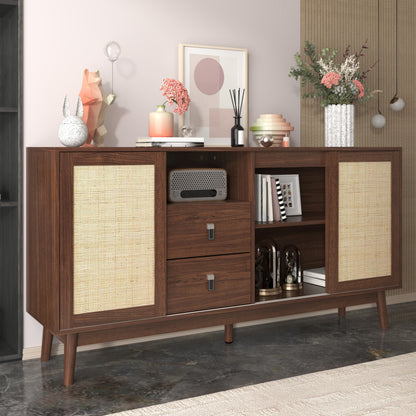 Sideboard mit 3 Schiebetüren aus echtem Rattan und 2 Schubladen, 155x38x80 cm, atmungsaktiv, stabil und vielseitig