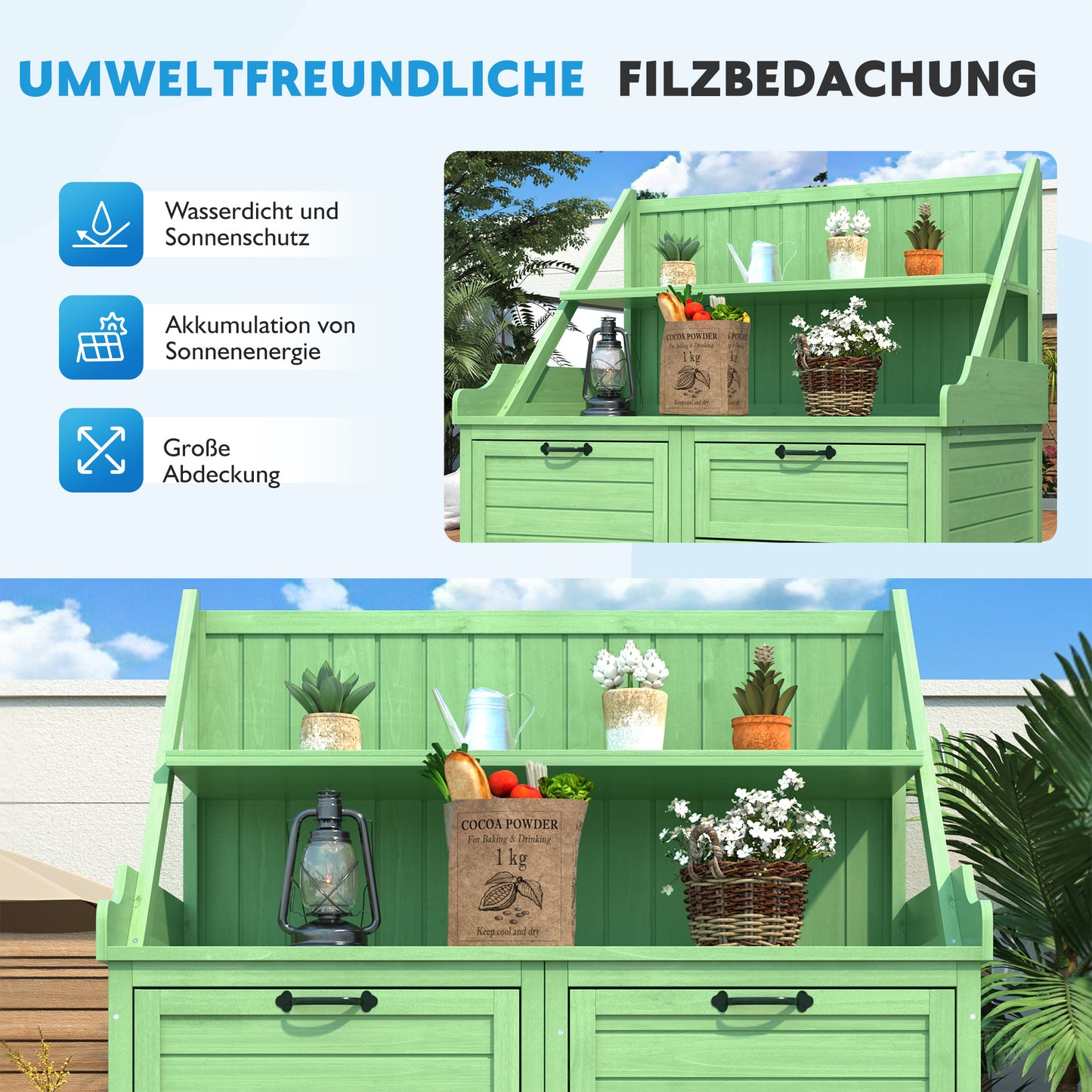 Holz Gartenschrank,Gartenschrank mit Regalen  Outdoor Schrank, Gartenschrank Geräteschuppen Terrassenschrank, Balkonschrank, Gerätehaus, Garten Möbel,Grün