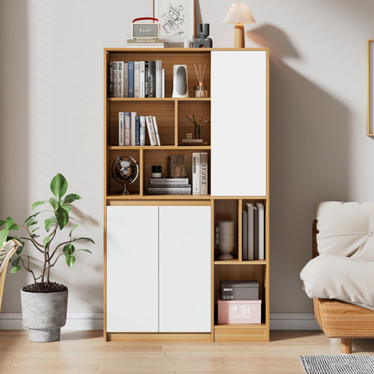 Moderner Bücherregal mit 3 Türen und verstellbaren Regalböden, Bücherregal in Holzfarbe
