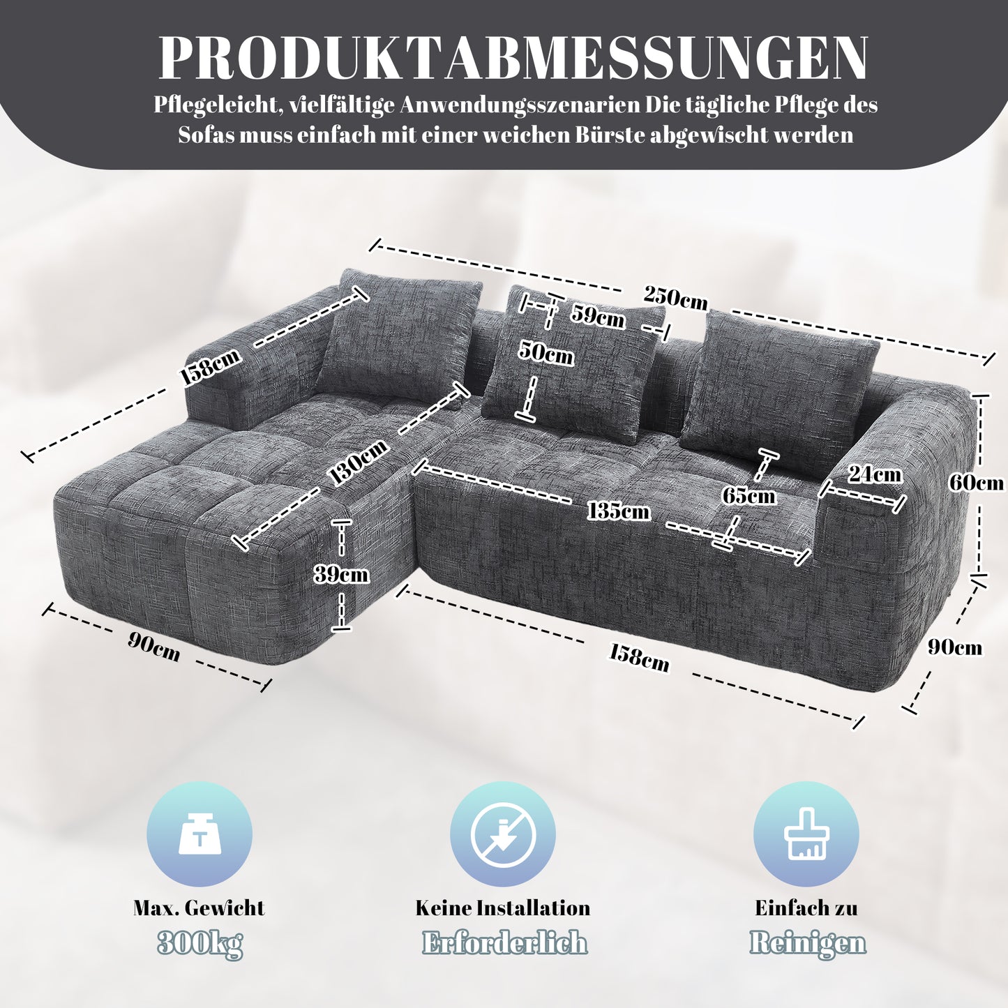 Modernes Sektionssofa, L-Sofa, 3-Sitzer-Sofa, keine Installation erforderlich, Chenille-Sofa mit Chaiselongue und Armlehnen, 3 Kissen, Seitentasche für Fernbedienung, Grau