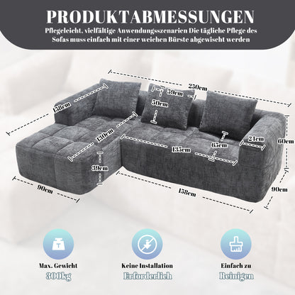 Modernes Sektionssofa, L-Sofa, 3-Sitzer-Sofa, keine Installation erforderlich, Chenille-Sofa mit Chaiselongue und Armlehnen, 3 Kissen, Seitentasche für Fernbedienung, Grau