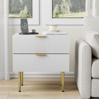 Weißer Nachttisch mit Wellenmuster und 2 Schubladen, Schlafzimmer-Nachttisch, moderner Nachttisch mit Metallbeinen, 1 Stück