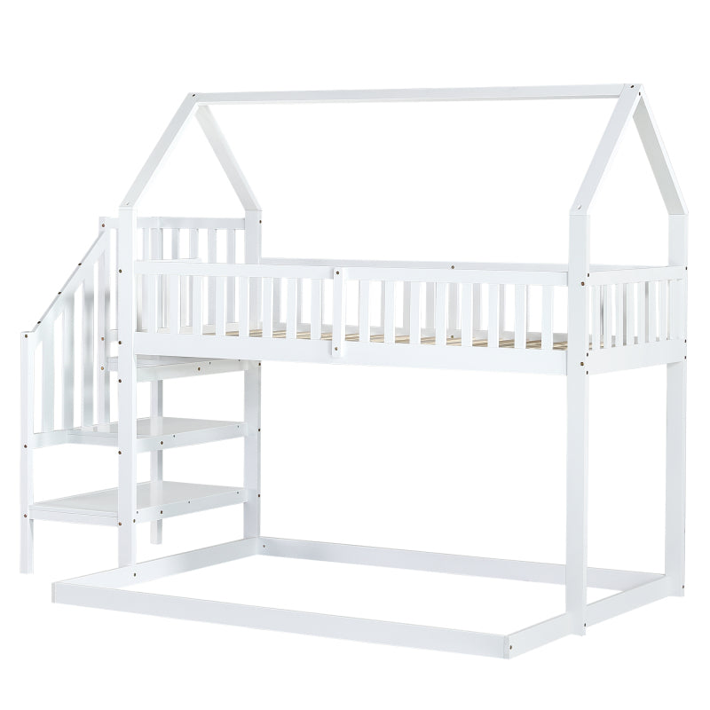 [29994142WAA]Etagenbett, Hausbett mit Treppe, Kinderbett mit Fallschutz und Gitter, Rahmen aus Kiefer, weiß (90x200&140*190cm)