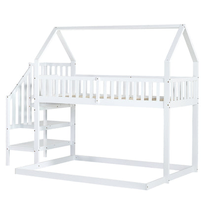 [29994142WAA]Etagenbett, Hausbett mit Treppe, Kinderbett mit Fallschutz und Gitter, Rahmen aus Kiefer, weiß (90x200&140*190cm)