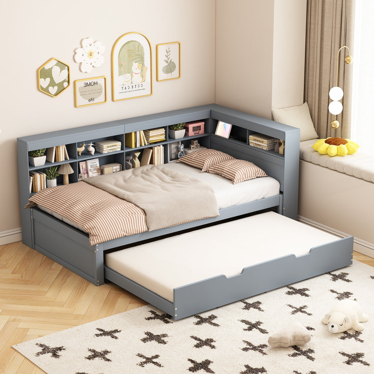 Multifunktions-Schlafsofa 90x200 & 90x190 Ausziehbar - Massivholz Grau mit USB-Anschluss, Stauraum & Ablagefächern - Praktisches Einzelbett, Grau