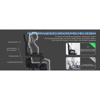 Gaming Stuhl Stoff, Ergonomischer Gaming Chair mit Fußstütze, Verstellbarer Racing Computerstuhl mit Lordosenstütze, Schwarz Ergonomisch PC-Stuhl