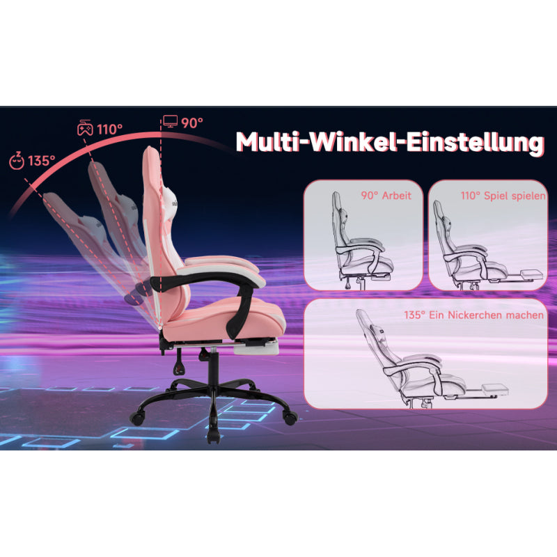 Gaming Stuhl Computerstuhl Ergonomischer Gaming Chair mit Fußstütze Bürostuhl Ergonomischer Computerstuhl mit Lendenwirbelstütze Pinkwhite