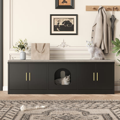 Versteckter Katzenschrank 140x40x45,5cm - 4-in-1 Katzenmöbel & Schuhbank, Katzentoilettenschrank mit Belüftung & Kratzmatte, Schwarz