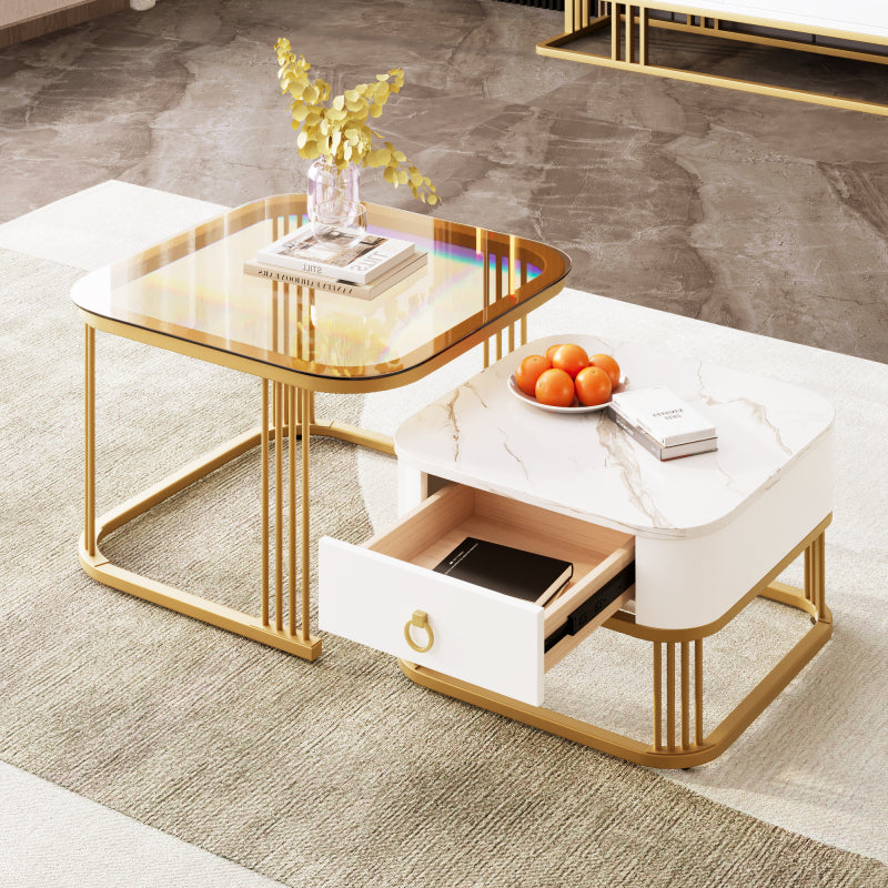 Stapelbarer Couchtisch: hochglänzende Marmoroptik und Teebraun Glasplatte, goldene Akzente, Beistelltisch mit Schubladen.  zweiteiliges Set