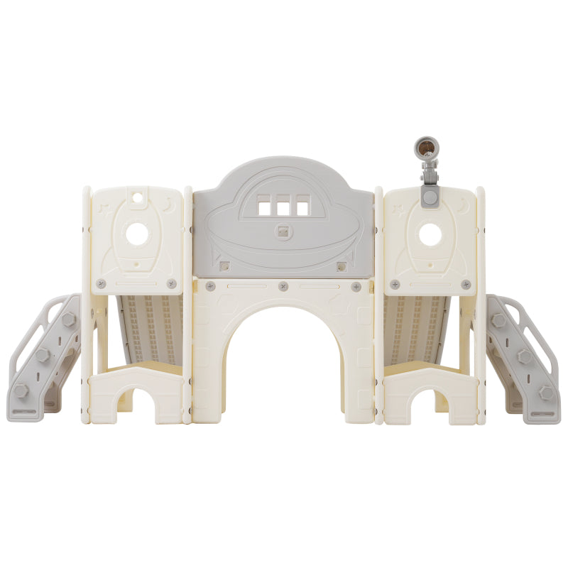 8 in 1 Kinderrutsche Kletterspielzeug, Multifunktionsrutsche mit 2 Rutschen, freistehende Rutsche, Klettern, Bohrspiel, Stauraum, Spielkorridor, Basketballkorb, Lasso-Spiel, Teleskop. Hergestellt aus