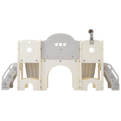 8 in 1 Kinderrutsche Kletterspielzeug, Multifunktionsrutsche mit 2 Rutschen, freistehende Rutsche, Klettern, Bohrspiel, Stauraum, Spielkorridor, Basketballkorb, Lasso-Spiel, Teleskop. Hergestellt aus