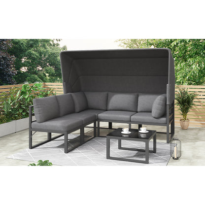 Garten Loungesessel Set, Iron Sunny Island Sitzgruppe Hocker und Tisch mit Markise 4er Set Balkon und Garten Loungemöbel Terrassenmöbel Wetterfest Grau Inkl. aller Kissen(previous sku:HW24006AAA)