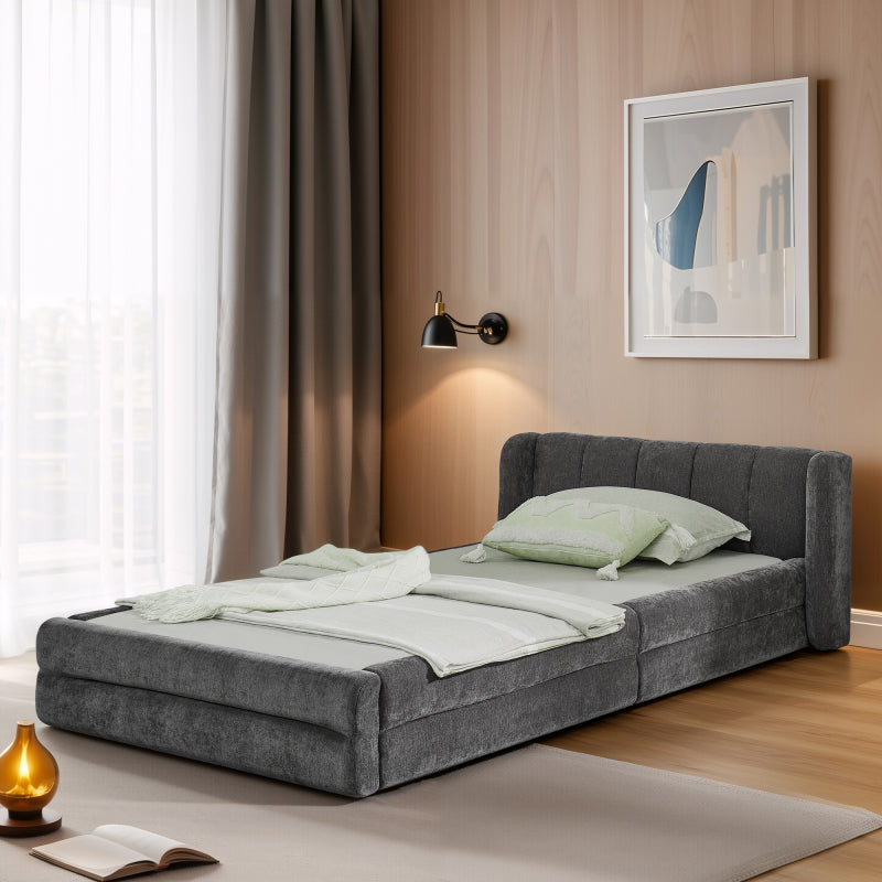 Einzelbett 90x200 cm, hautfreundlicher Chenille Stoff, komfortables Rückenlehne, auch als Kinderbett geeignet, Beige (ohne Matratze)