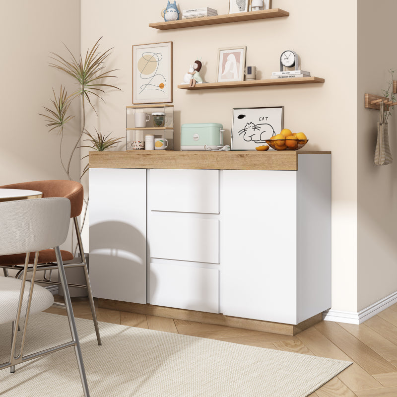 Kommode mit 3 Schubladen und 2 Türen, Schließfach,Funktion von Aufbewahrung, für Schlafzimmer und Wohnzimmer, E1-Spanplatte, weiß+oak