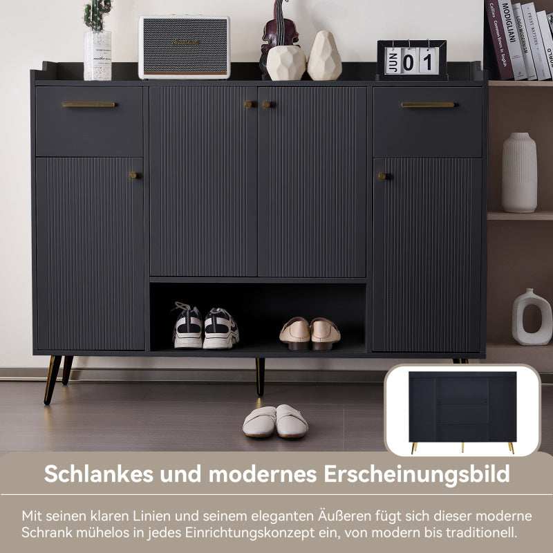 Schuhschrank, Schuhregal mit 2 Schubladen und 4 Türen, Metallfüße, schwarz