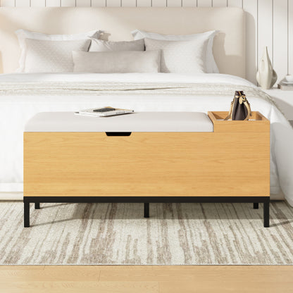 Sitzbank mit Stauraum 115 cm, Gepolsterte Truhenbank Holzoptik Natur, Stoffbezug Hellgrau, Flurbank