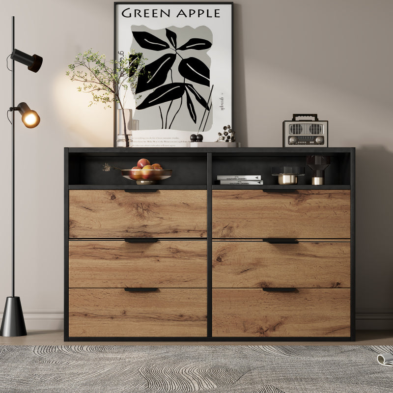 Kommode Sideboard aus Bernstein Glas, Sideboard mit Metallgriffen, Kommode mit 6 Schubladen und 2 Fächern , kippsicher, 120 x 40 x 80 cm, Eiche