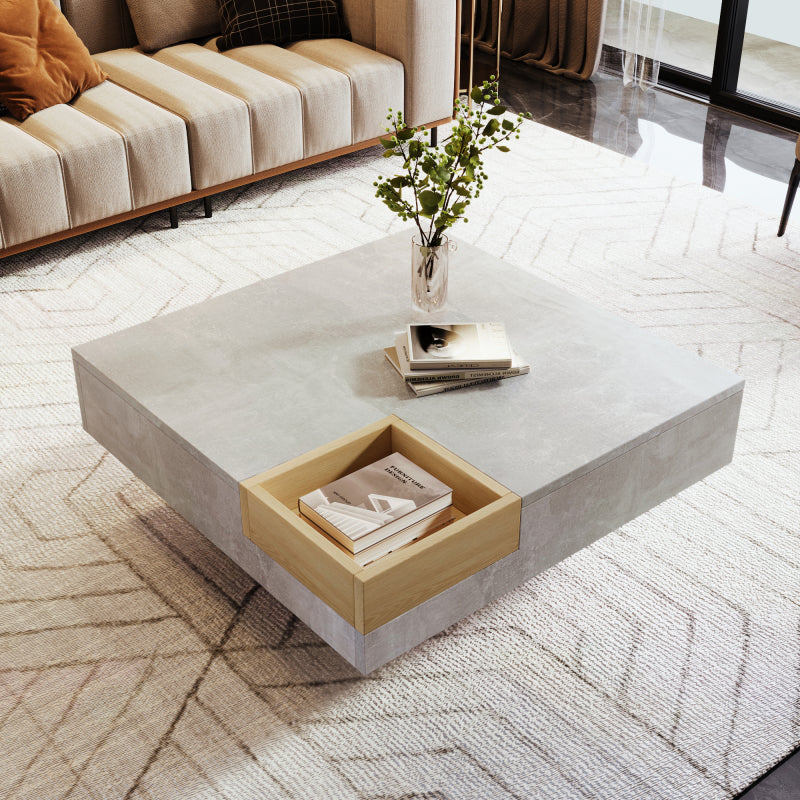 Couchtisch Wohnzimmertisch Beistelltisch mit herausnehmbarer Aufbewahrungsbox, Betongrau und Holzfarbe, 72*72*30 cm.