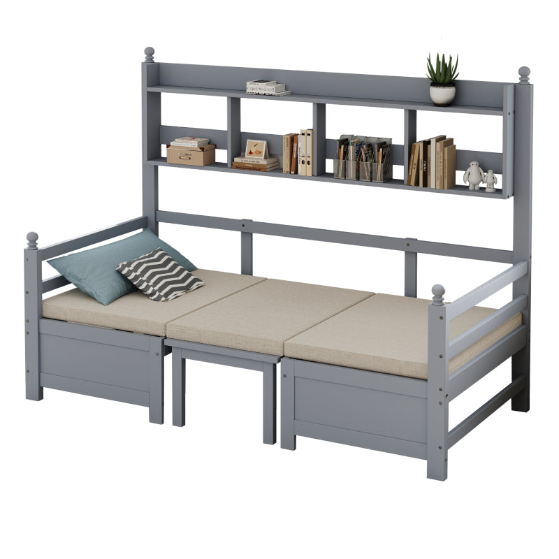 Multifunktionales Massivholz Schlafsofa 200x90 cm, 2-in-1 Bett und Schreibtisch, Frei Umbaubar, Mit Bücherregal Zur Aufbewahrung, Mit Bequemen Kissen, Gästebett Einzelholzbett, Grau