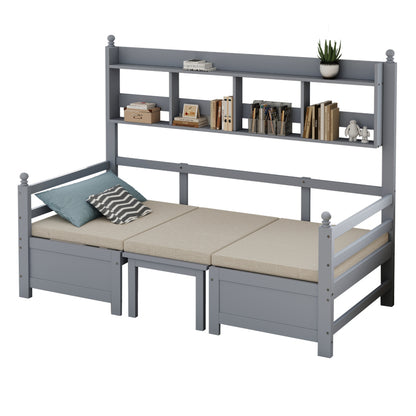 Multifunktionales Massivholz Schlafsofa 200x90 cm, 2-in-1 Bett und Schreibtisch, Frei Umbaubar, Mit Bücherregal Zur Aufbewahrung, Mit Bequemen Kissen, Gästebett Einzelholzbett, Grau