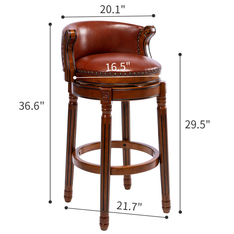 Barhocker aus Holz mit Kuhfell-Obermaterial, 360-Grad-Drehstuhl in Barhöhe mit Rückenlehne, Brown+Seat height 65cm