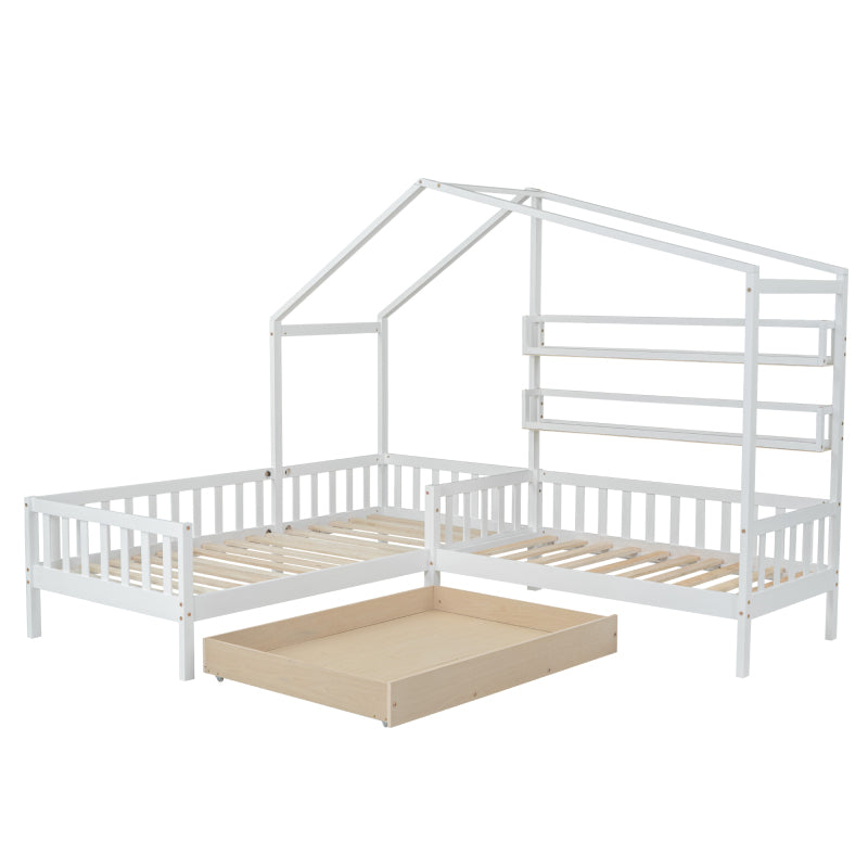 Kinderbett Hausbett mit Schubladen und Regalen, Massivholz mit Zaun und Lattenrost, L-Struktur, Weiß (90x200 cm+140x70cm)